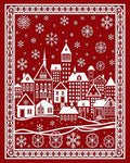 Red White Village Snowflake Border Rug