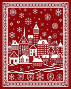 Red White Village Snowflake Border Rug