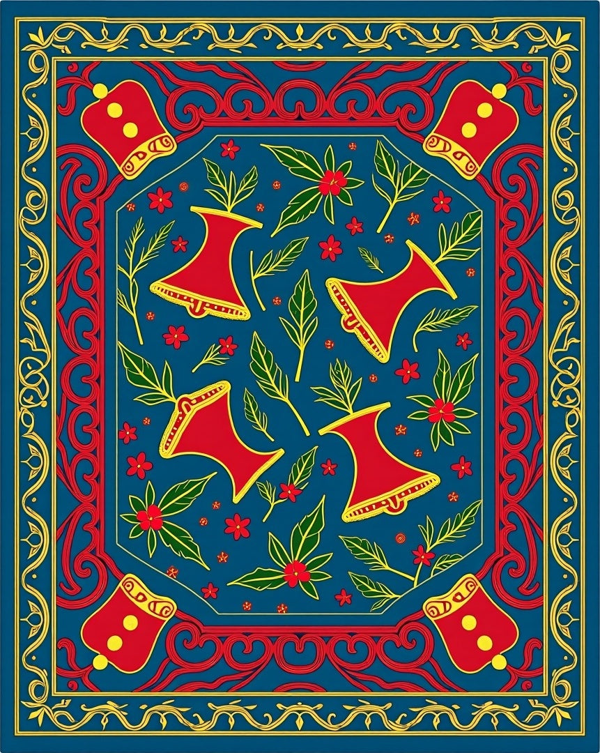 Bold Red Bell Floral Blue Rug