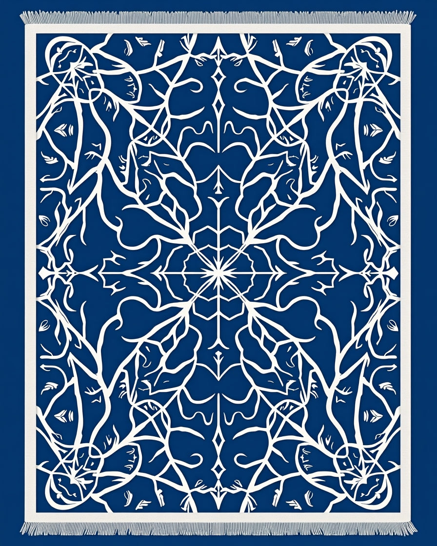 Deep Blue White Intricate Floral Medallion Rug
