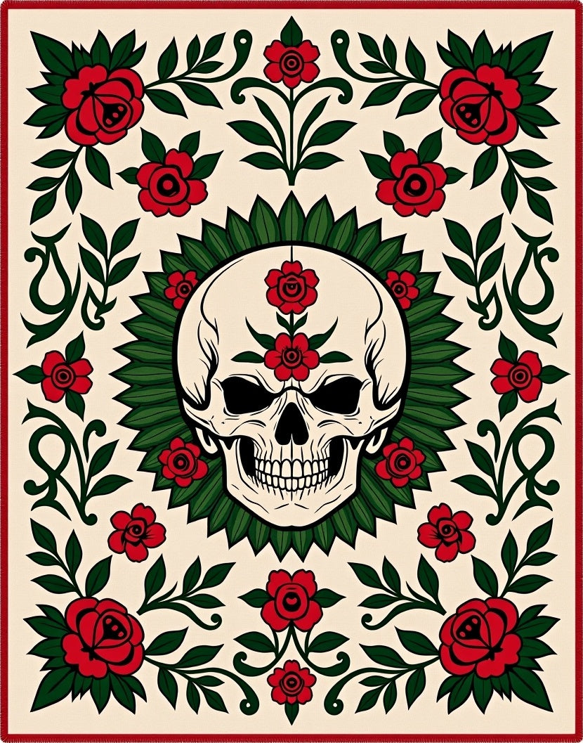 Red Rose Skull Tattoo Art Rug