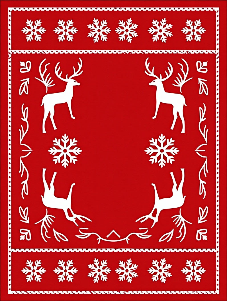 Red White Festive Reindeer Snowflakes Border Rug