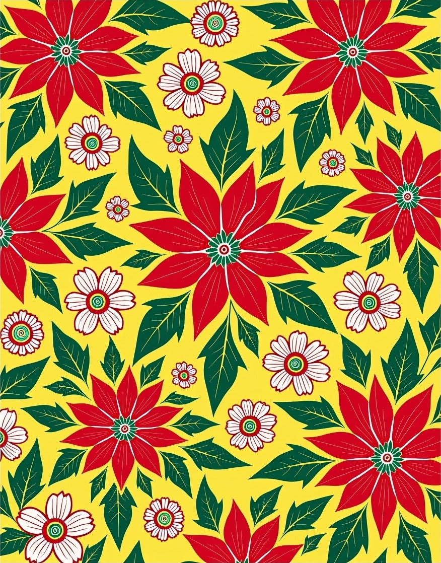 Vibrant Red White Floral Yellow Background Rug
