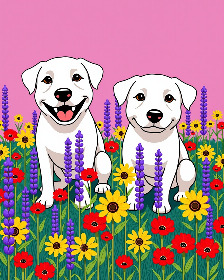 Two Happy White Puppies Floral Field Rug