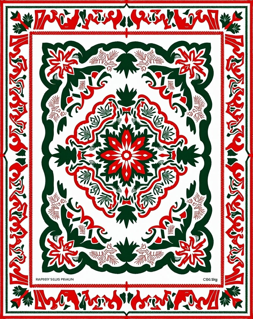 Crimson Green Floral Medallion Inlay Rug