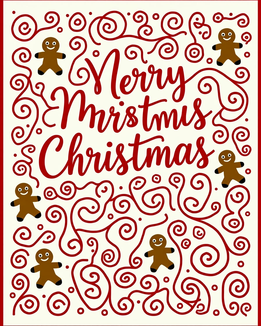 Red Swirl Gingerbread Man Christmas Collage Rug