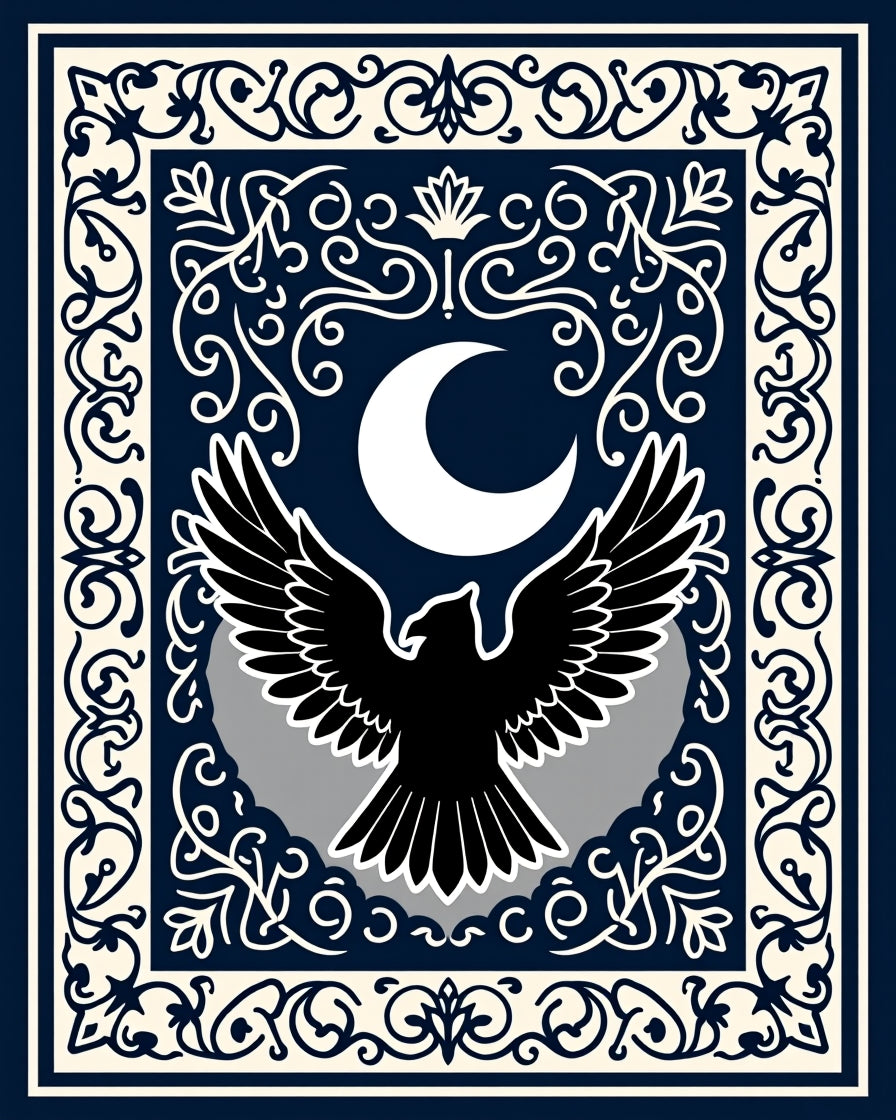Mystic Black Eagle Crescent Moon Border Rug