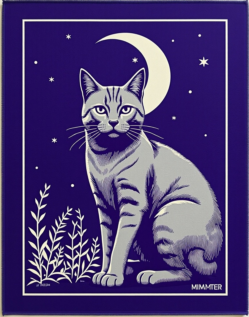 Mystical Gray Cat Moonlit Garden Rug