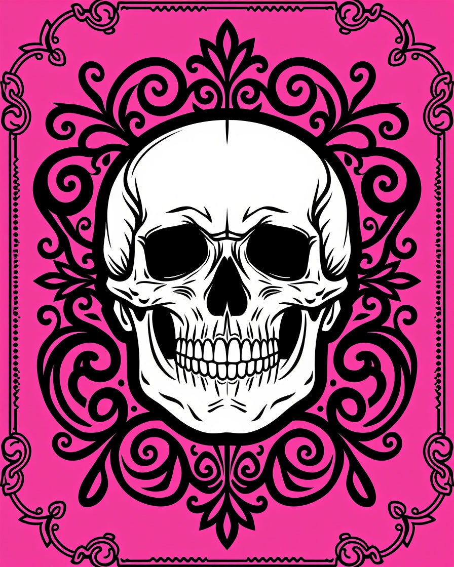 Hot Pink Skull Baroque Filigree Rug