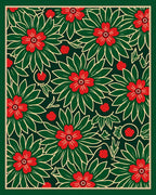 Festive Red Floral Green Leaf Background Rug
