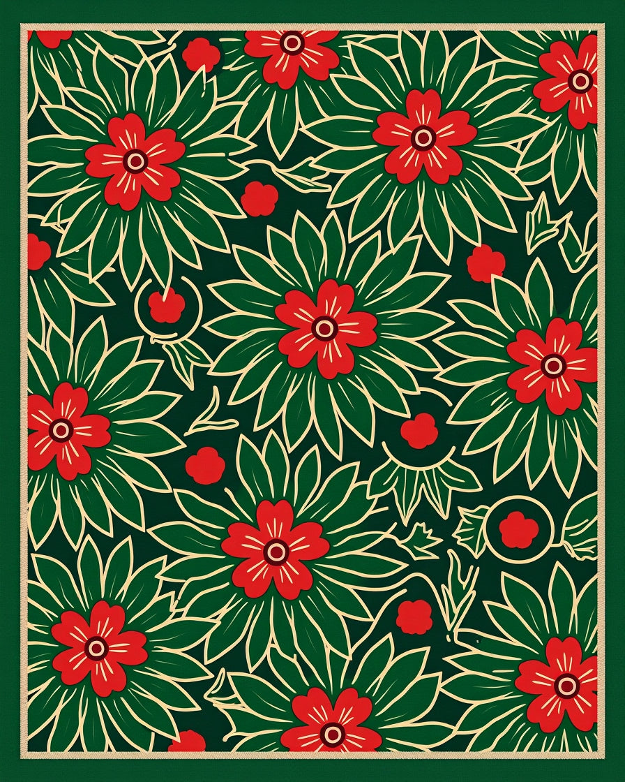 Festive Red Floral Green Leaf Background Rug