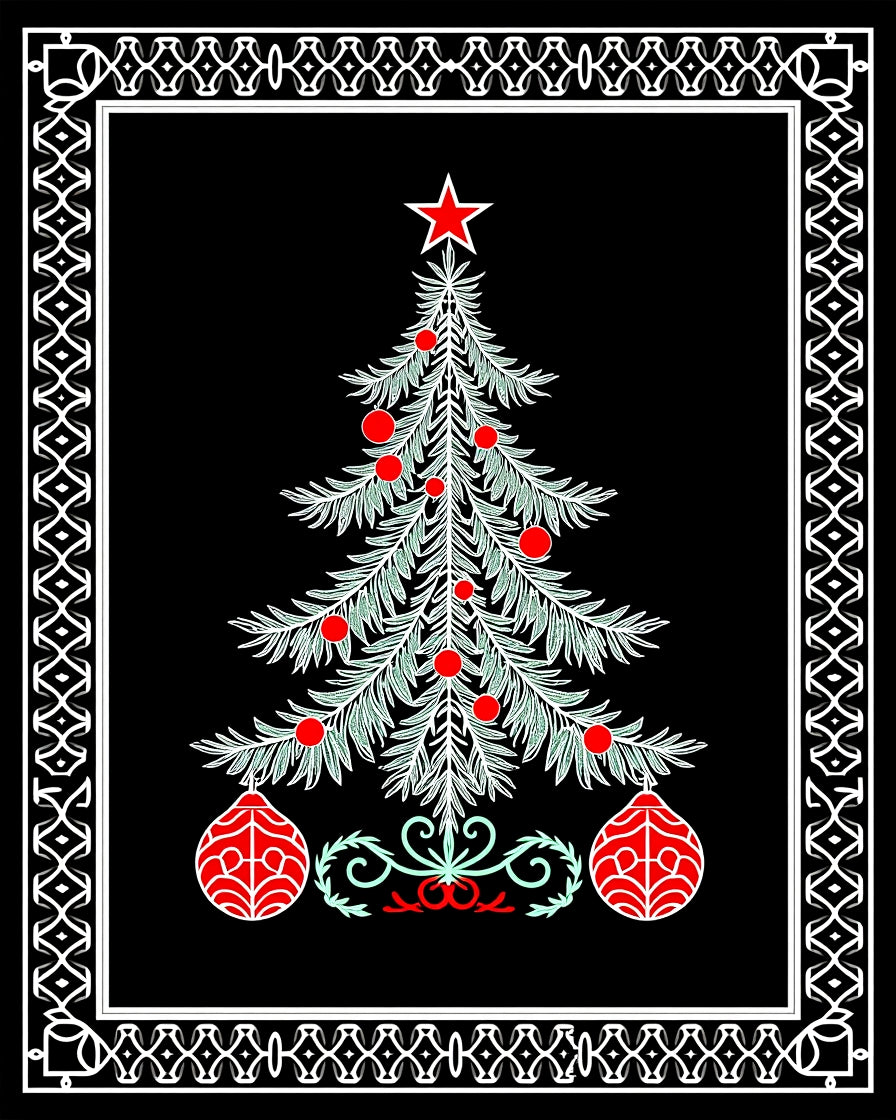 Festive Green Christmas Tree Red Ornaments Rug