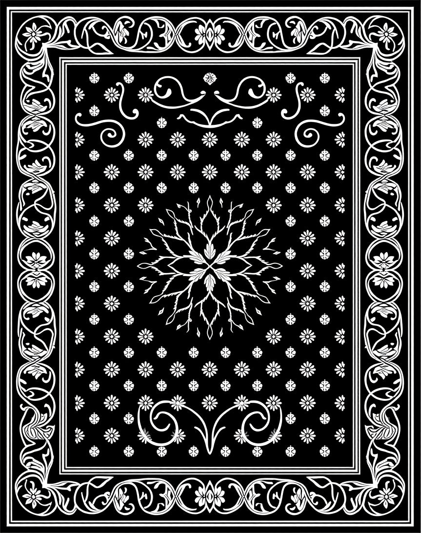 Black White Floral Medallion Scroll Rug