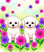 Playful White Puppies Pink Purple Flowers Rug
