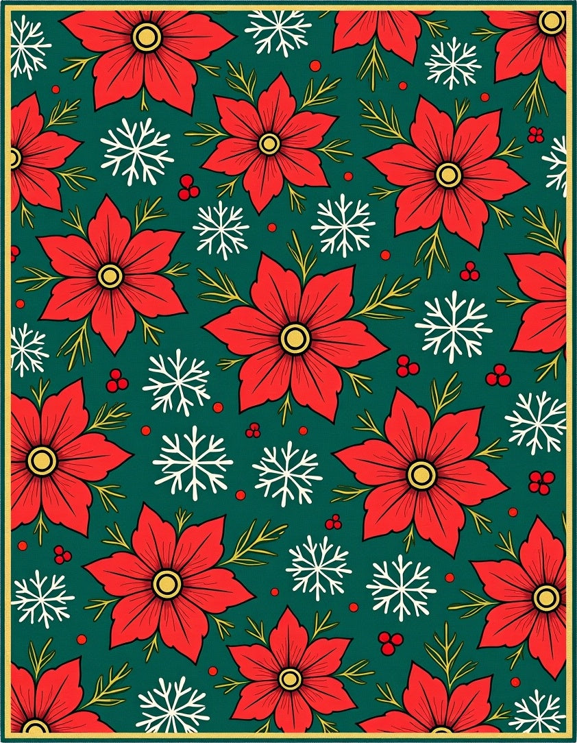 Festive Red Poinsettia Snowflakes Rug