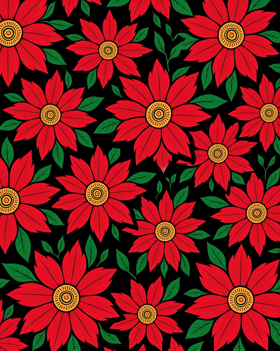 Bold Red Floral Garden Black Rug