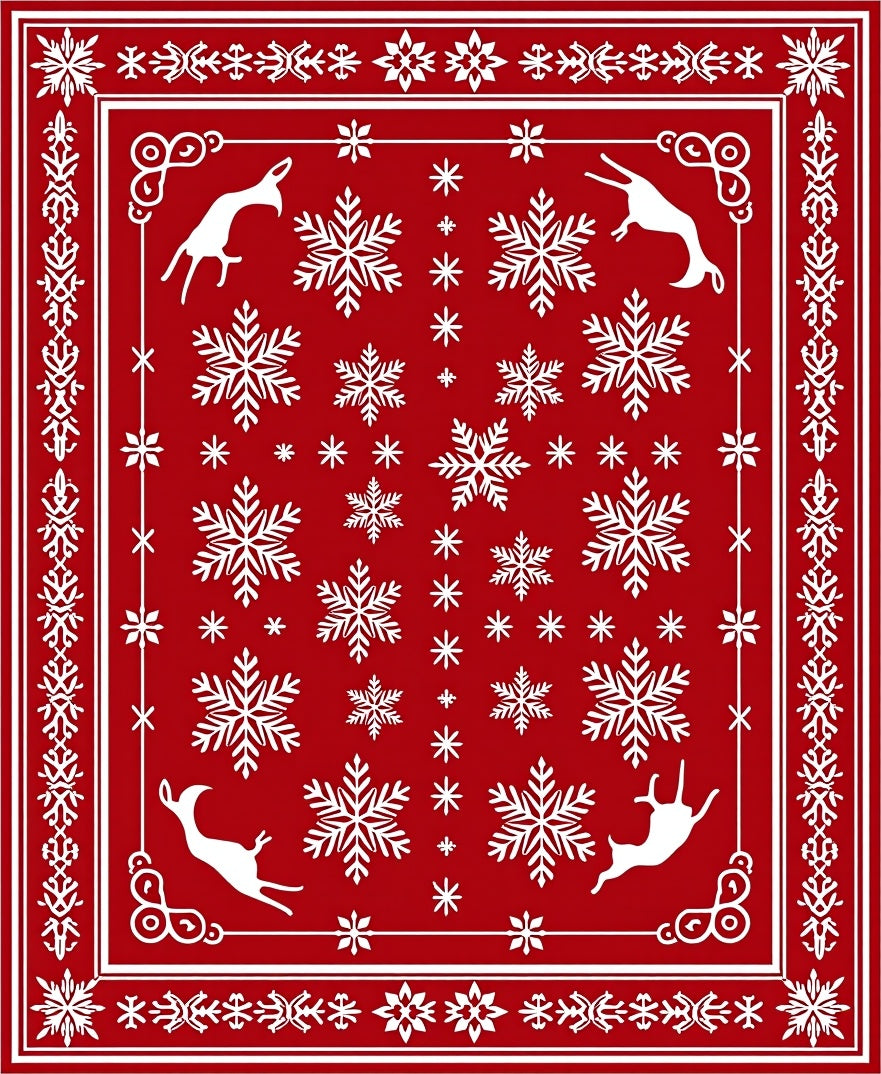 Red Snowflake Deer Holiday Rug
