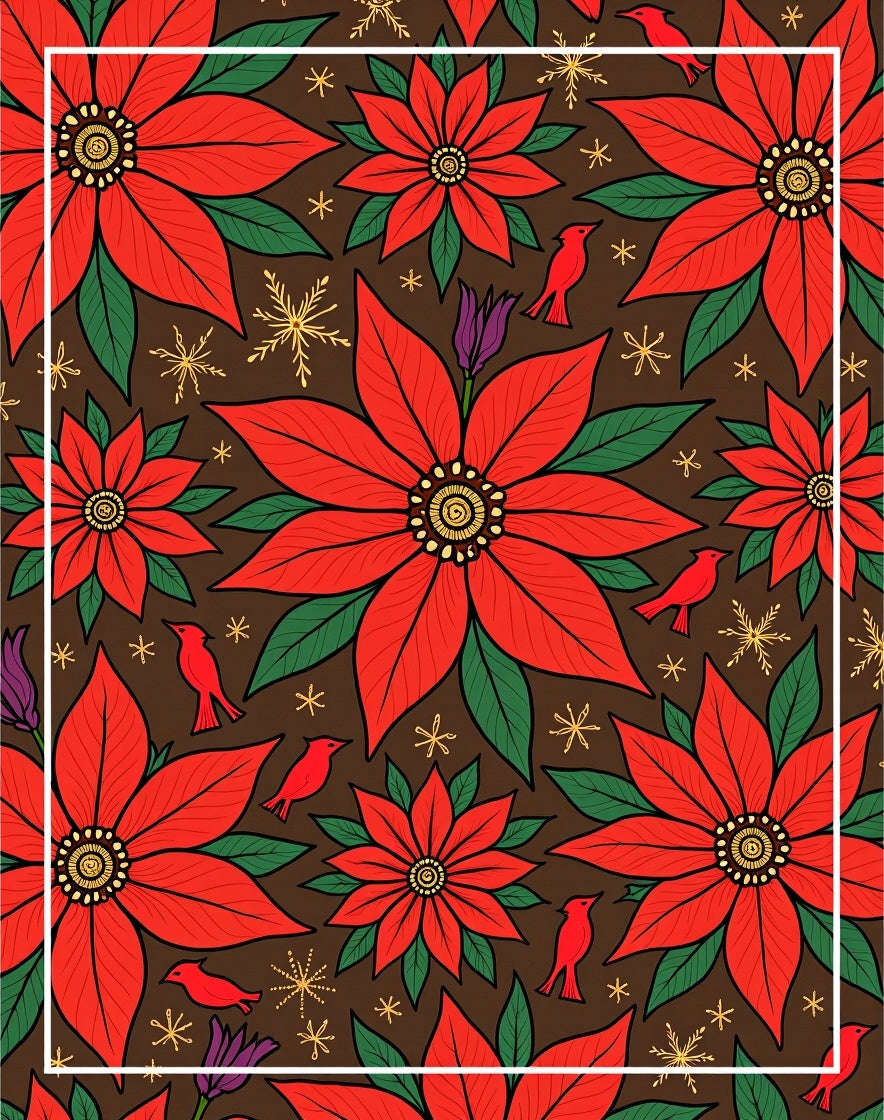 Red Poinsettia Birds Gold Snowflakes Rug