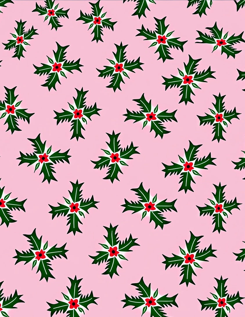 Pink Background Green Holly Red Berries Rug