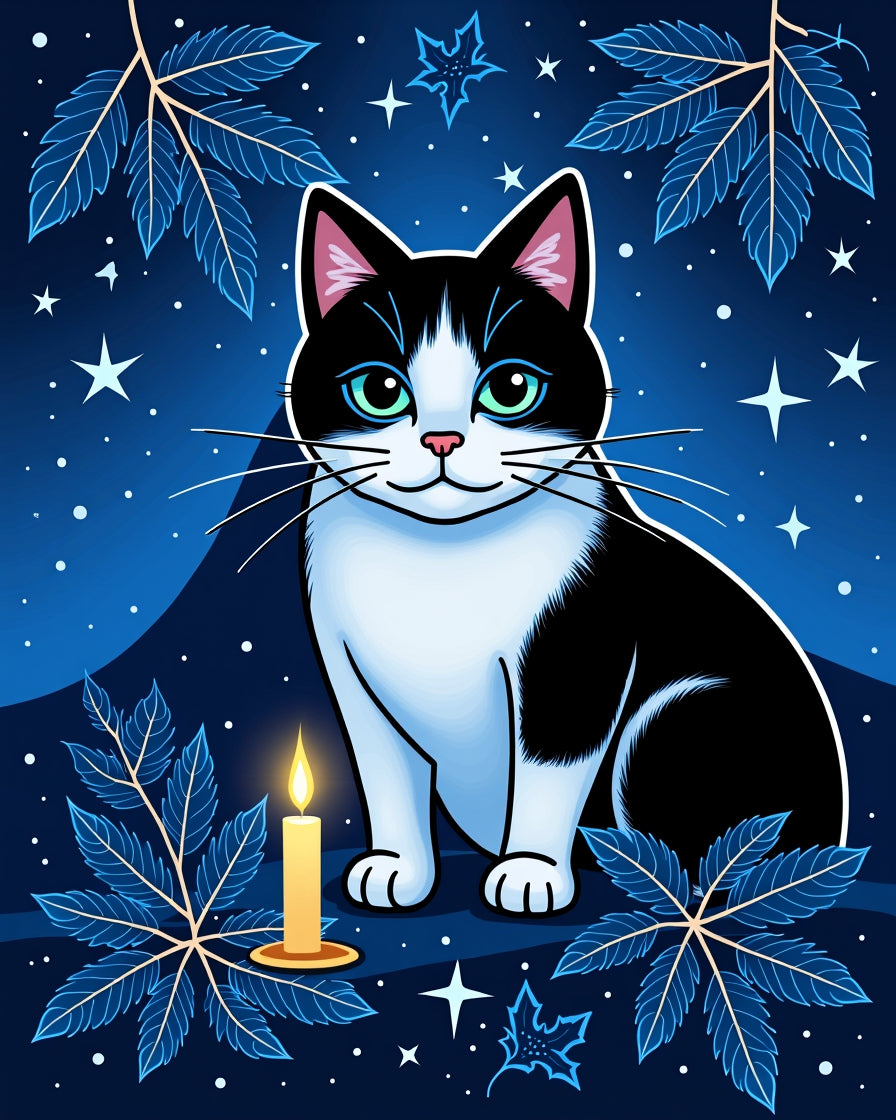 Mystical Black White Cat Candle Stars Rug