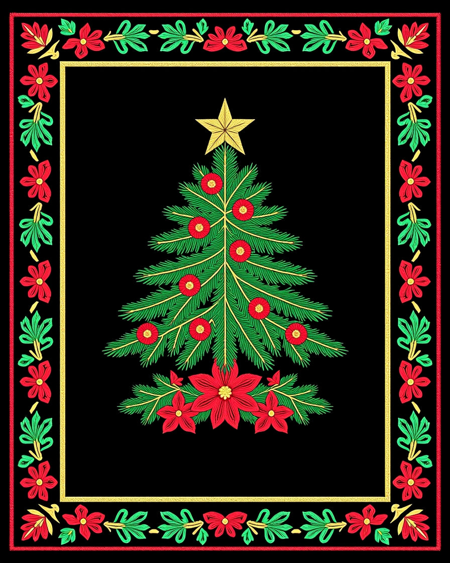 Festive Red Green Christmas Tree Poinsettia Rug