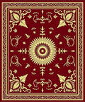 Deep Red Golden Sunburst Floral Border Rug