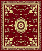 Deep Red Golden Sunburst Floral Border Rug