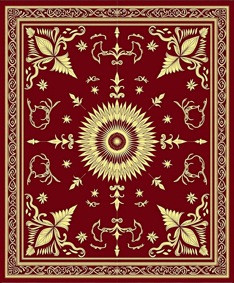 Deep Red Golden Sunburst Floral Border Rug