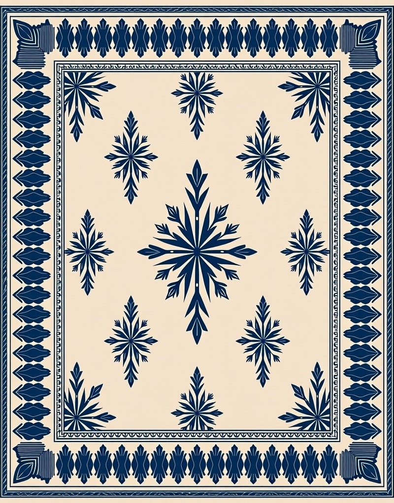 Navy Blue Floral Medallion Cream Rug