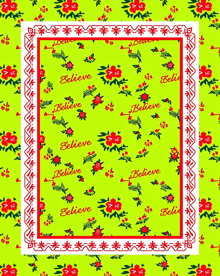 Whimsical Red Floral Believe Green Rug