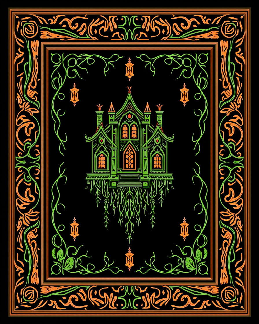 Gothic Green Haunted House Orange Border Rug