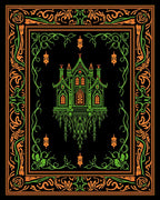 Gothic Green Haunted House Orange Border Rug