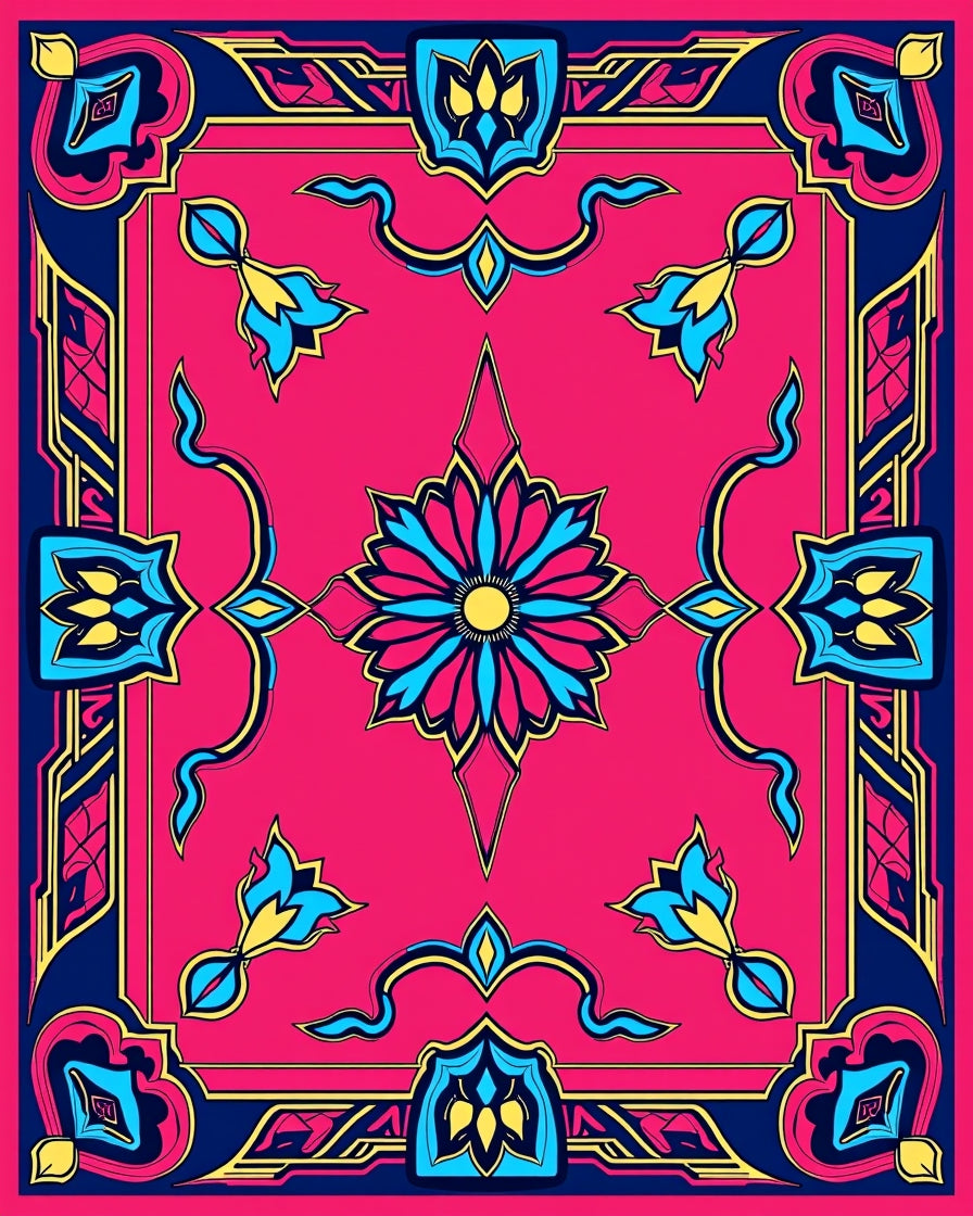 Vibrant Pink Blue Floral Medallion Rug