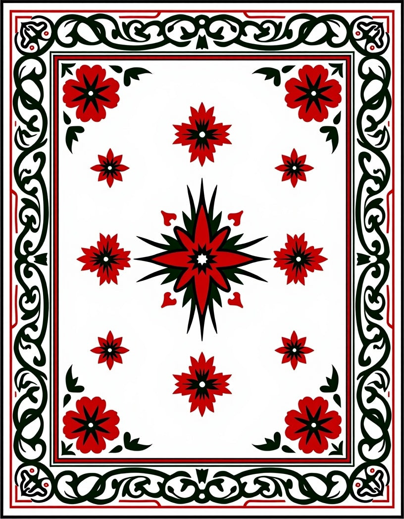 Red Floral Starburst Border Rug