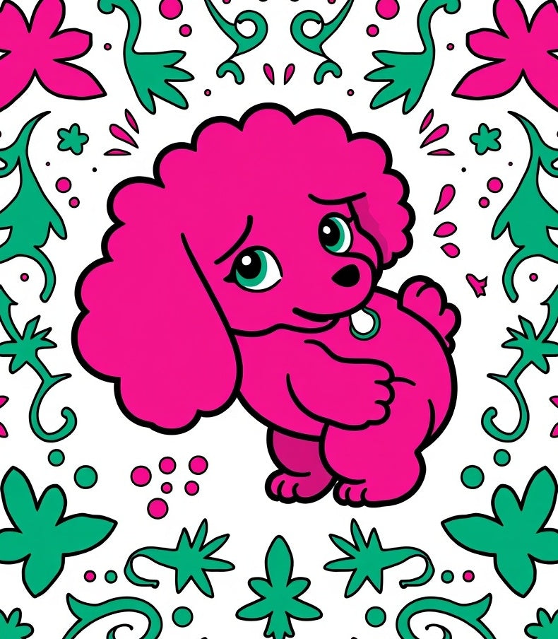Pink Poodle with Green Floral Border Rug