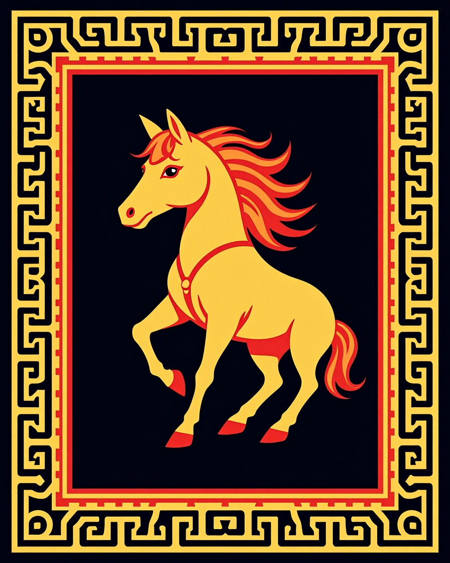 Majestic Golden Horse Red Border Rug