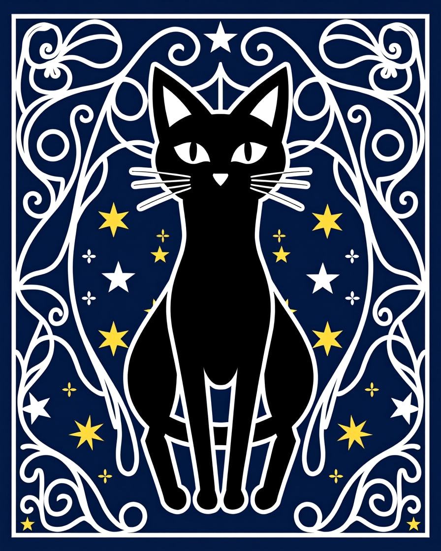 Black Cat Starry Night Swirls Rug