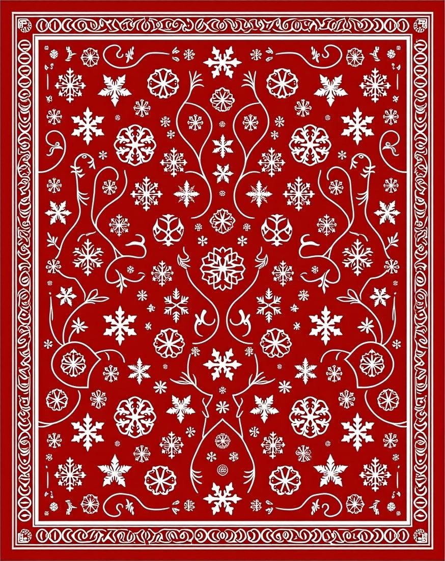 Red White Snowflake Scroll Medallion Rug