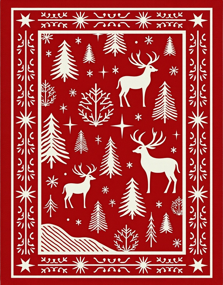 Red Festive Deer Forest Christmas Rug