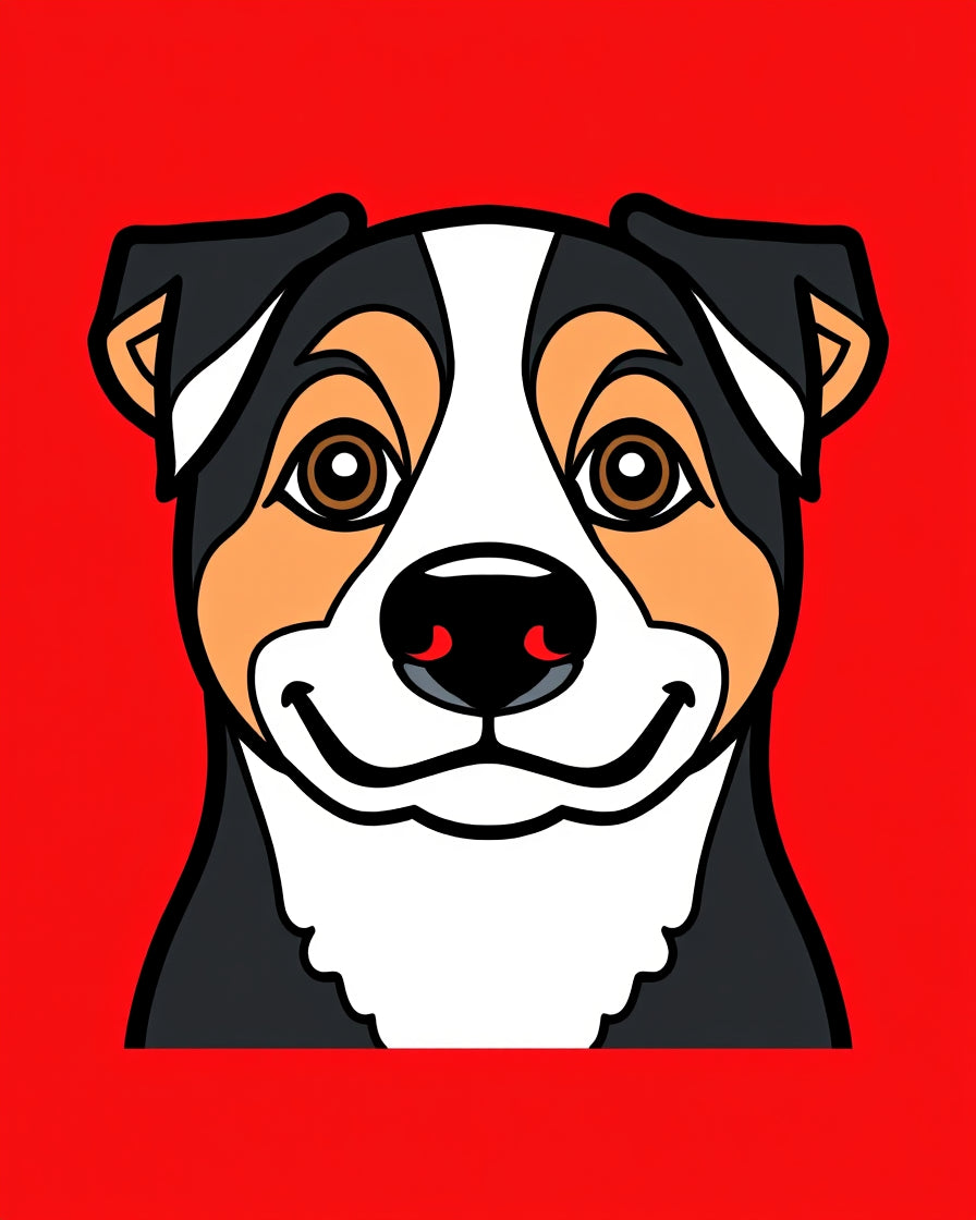 Happy Tri-Color Dog Portrait Bright Red Rug