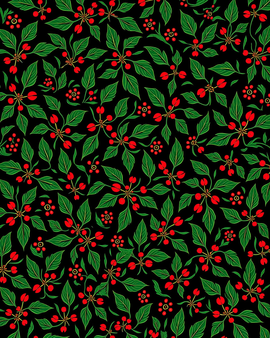 Black Green Red Berry Floral Rug