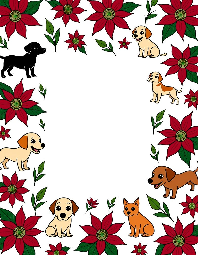 Red Floral Dogs Whimsical Border Rug