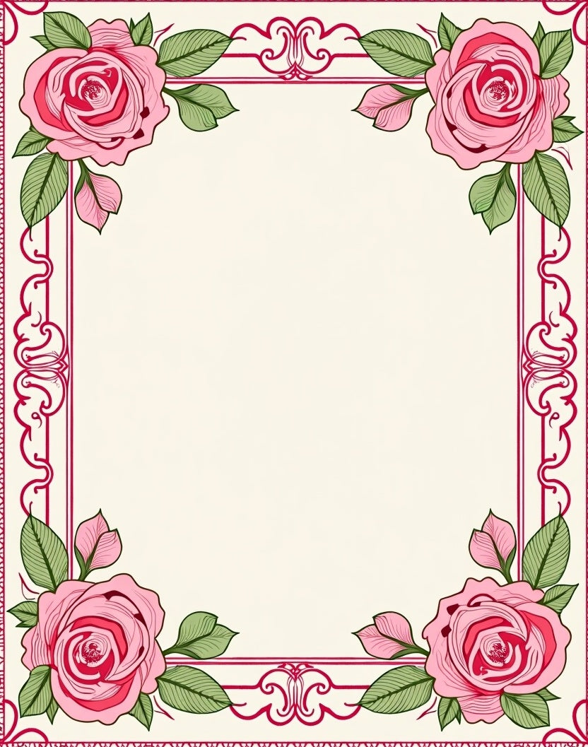 Vintage Pink Rose Floral Border Rug