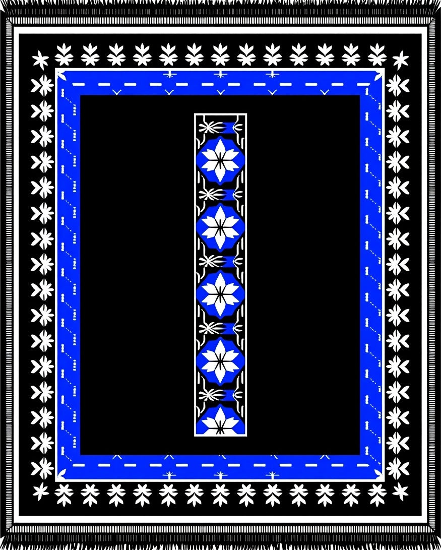 Black Blue White Floral Geometric Border Rug
