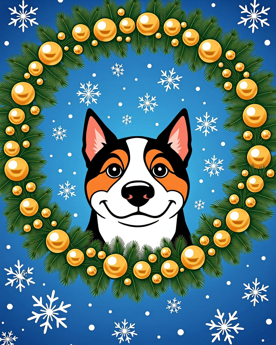 Festive Dog Wreath Snowflakes Golden Baubles Rug