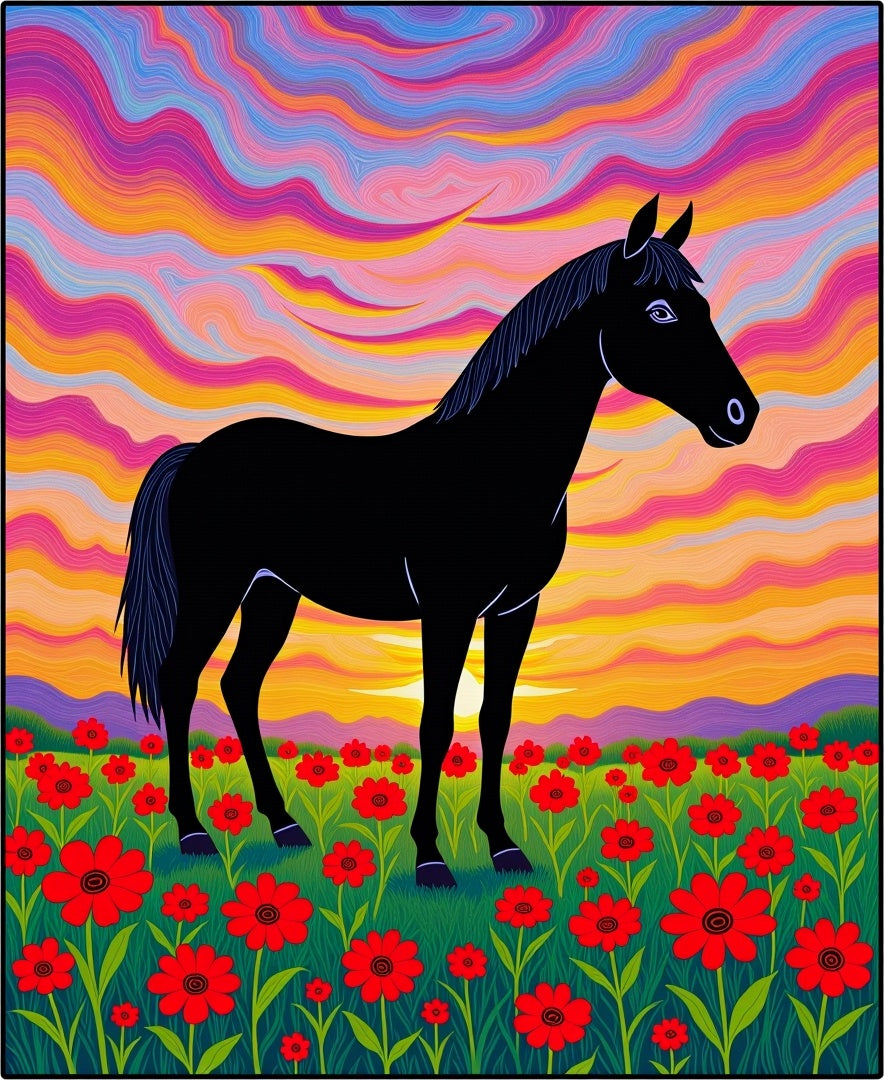 Vibrant Black Horse Poppy Field Sunset Rug