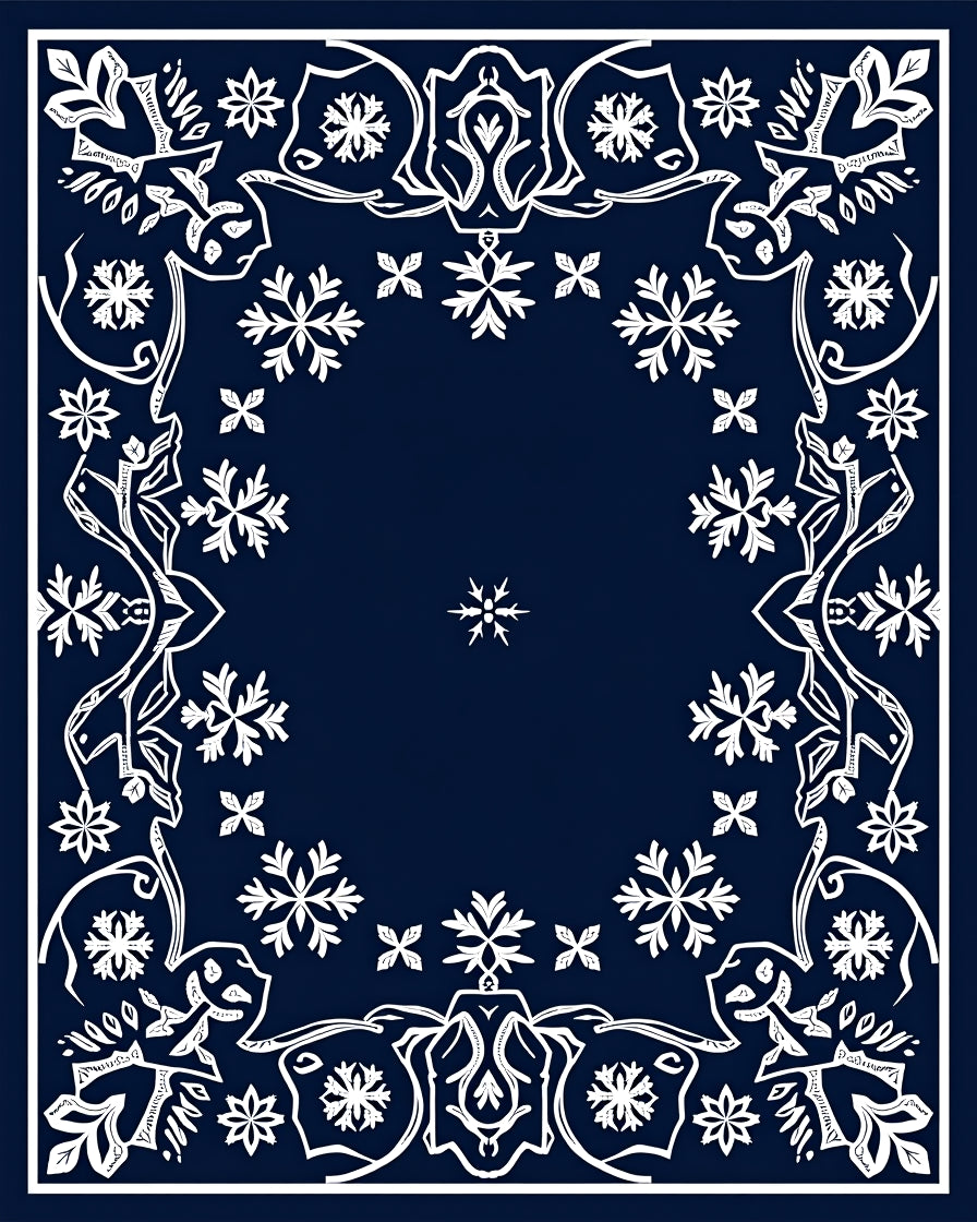Deep Navy Snowflake Floral Frame Rug