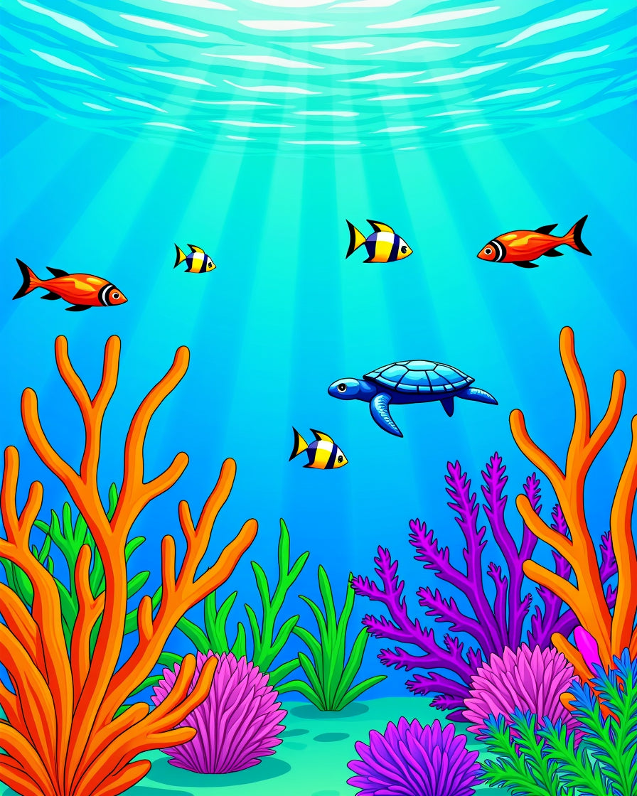 Aqua Marine Life Turtle Coral Scene Rug