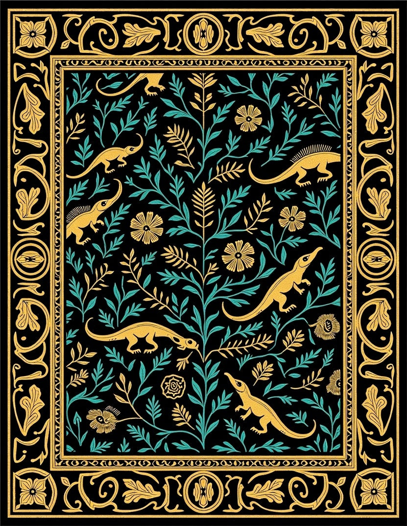 Golden Lizards Teal Foliage Bordered Rug