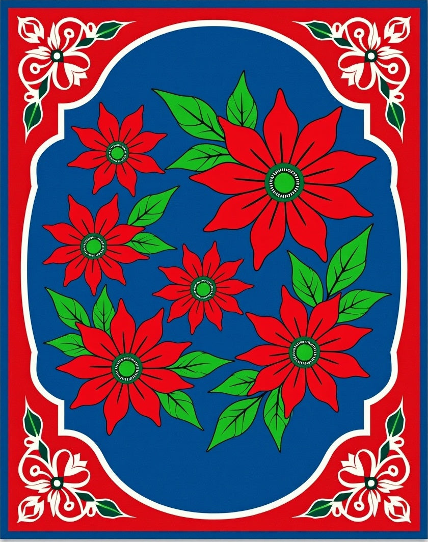 Crimson Floral Garden Blue Border Rug